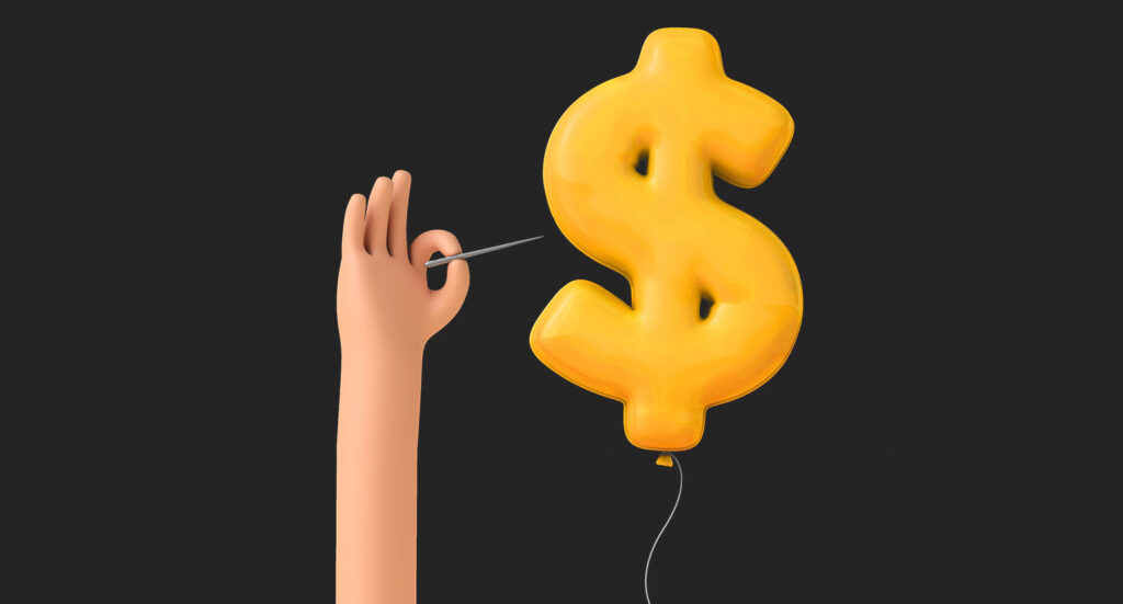 Illustration hand with needle held against dollar sign balloon