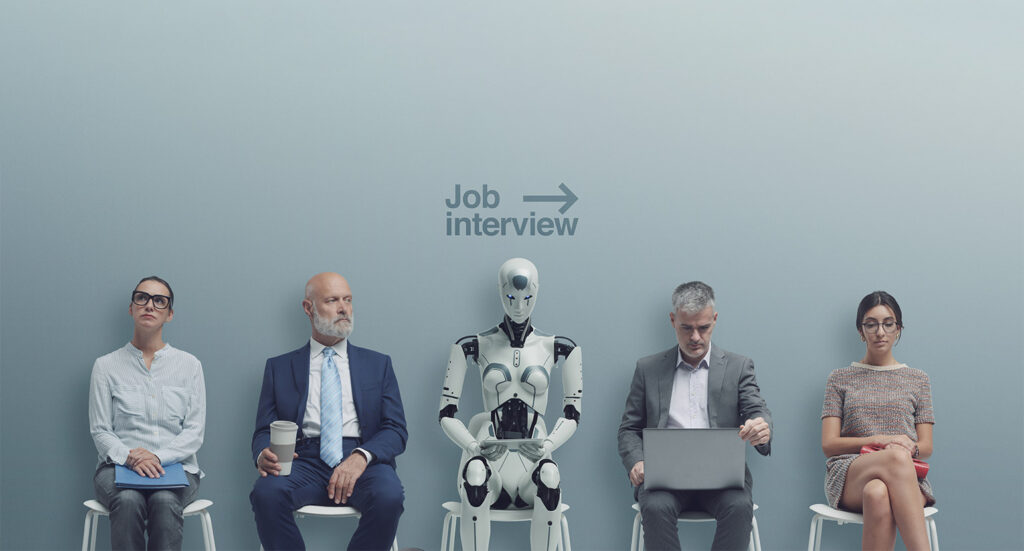 Queue of people and AI robot waiting for job interview