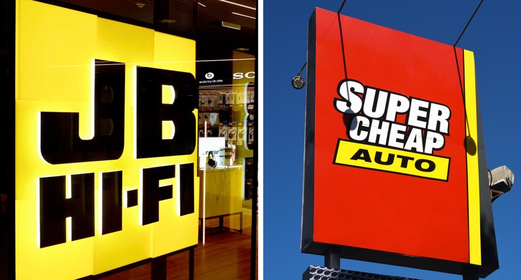 Jb Hi-Fi logo sign next to Super Cheap Auto logo sign
