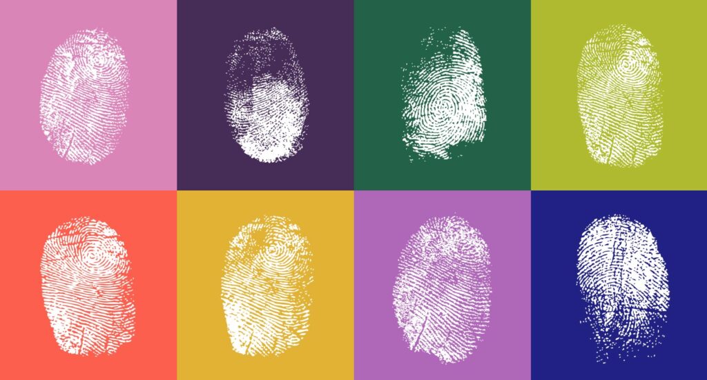 8 finger prints on different coloured backgrounds