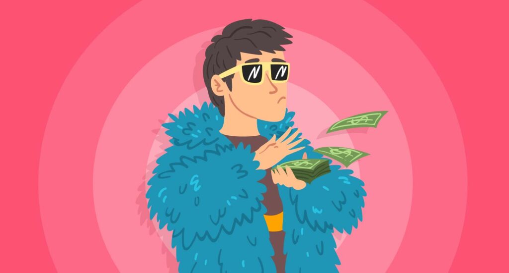 Illustration man in big furry jacket and sunglasses throwing cash notes