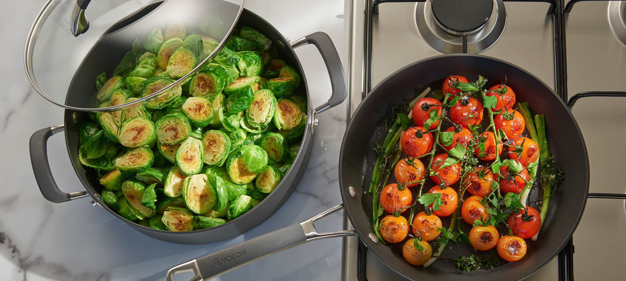 Australia’s leading cookware manufacturer Meyer cooking tomatoes and brussel sprouts in Anolon pans
