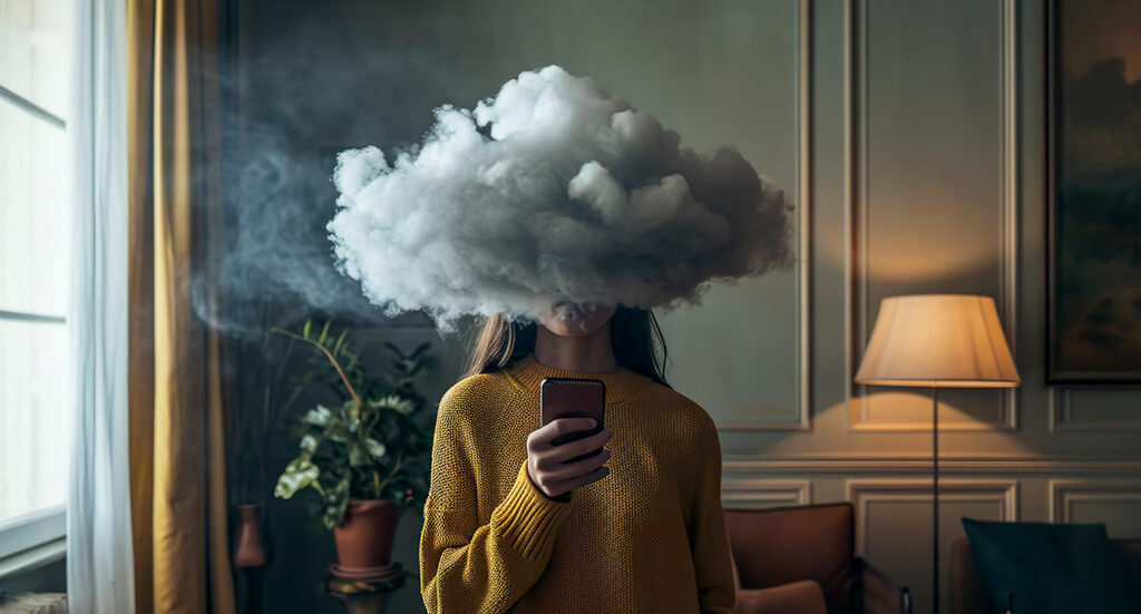 Head in cloud of smoke holding phone